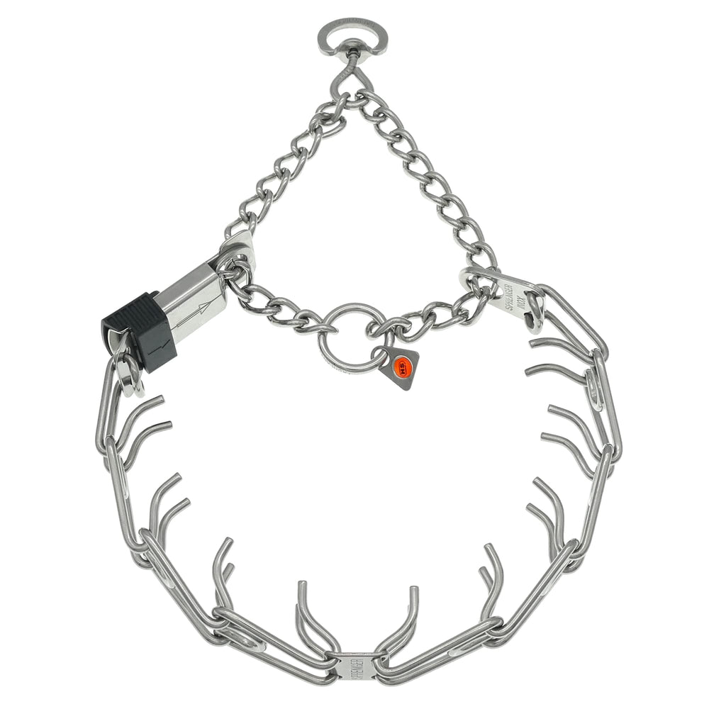 Herm Sprenger ClickLock buckle close-up showing quick-on, quick-off convenience during fitting.