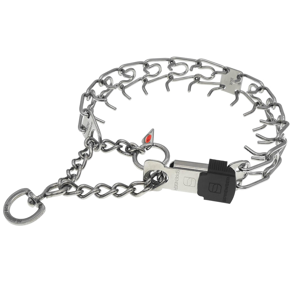 Herm Sprenger collar ClickLock buckle closeup demonstrates easy on/off for quick training setups.