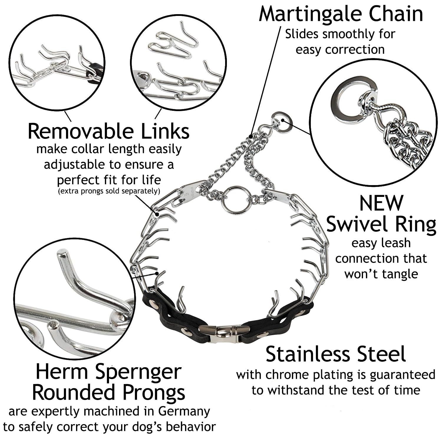 German-made chrome-plated steel delivers durable, reliable performance for large dogs during training.