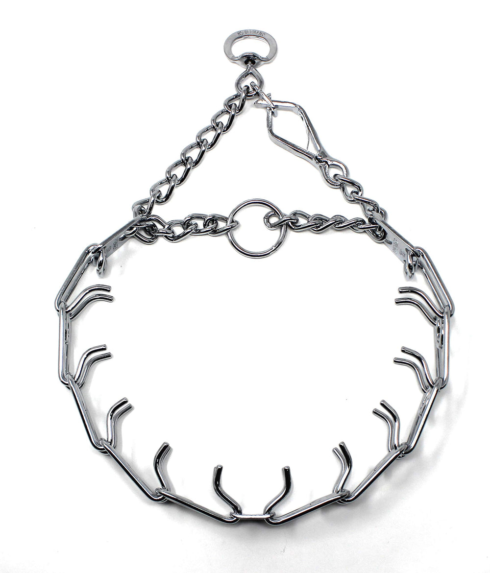 Herm Sprenger prong collar quick-release buckle closeup for easy on-off training sessions.