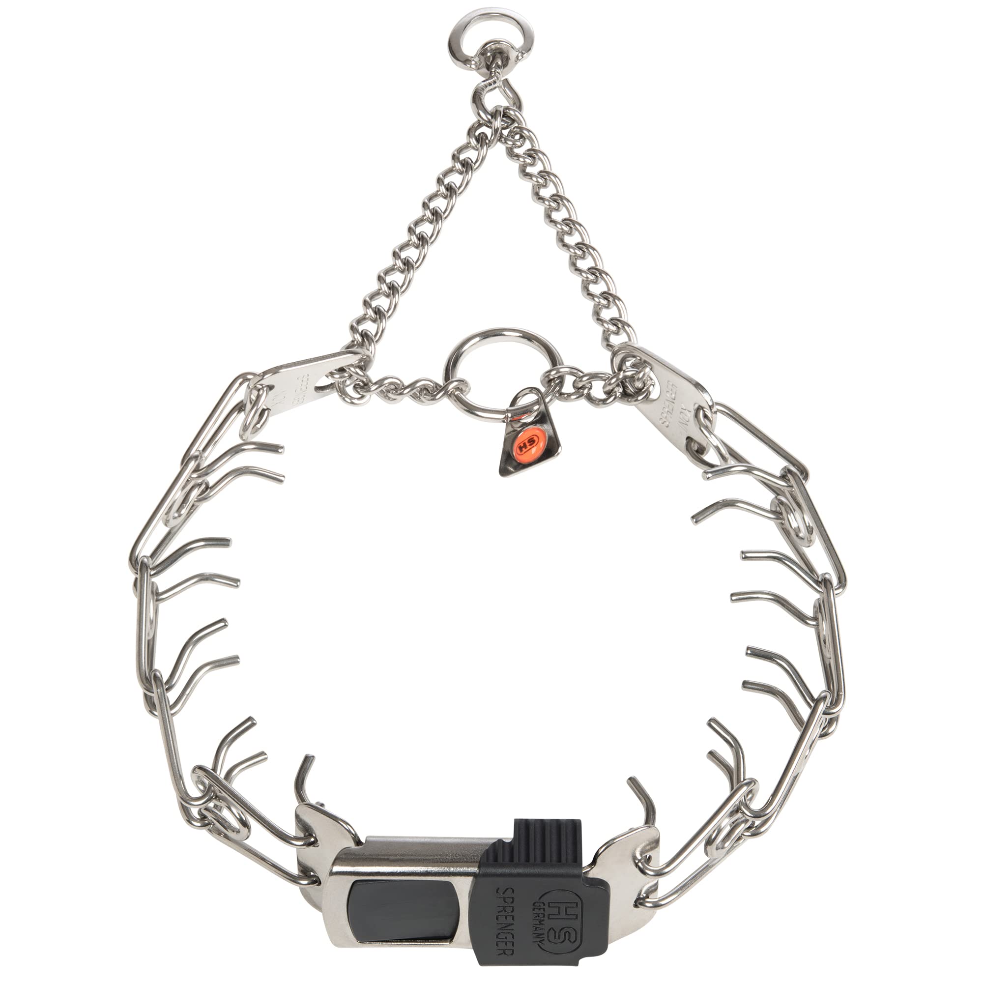 Herm Sprenger prong collar quick-release-buckle close-up shows secure, easy-on training sessions.