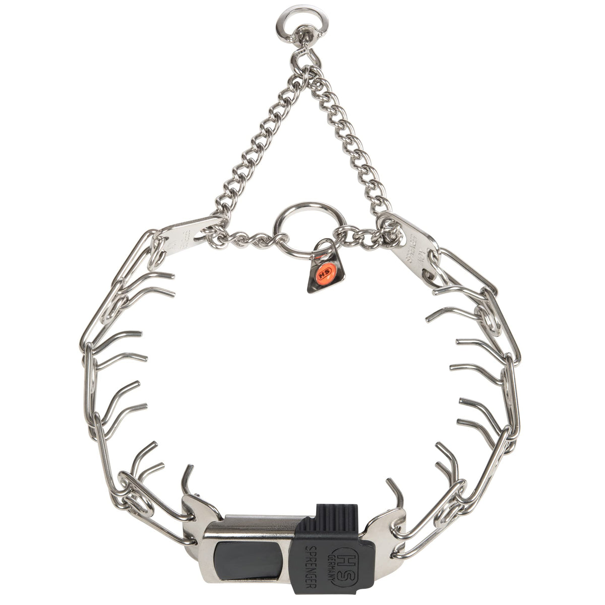 Herm Sprenger prong collar quick-release-buckle close-up shows secure, easy-on training sessions.