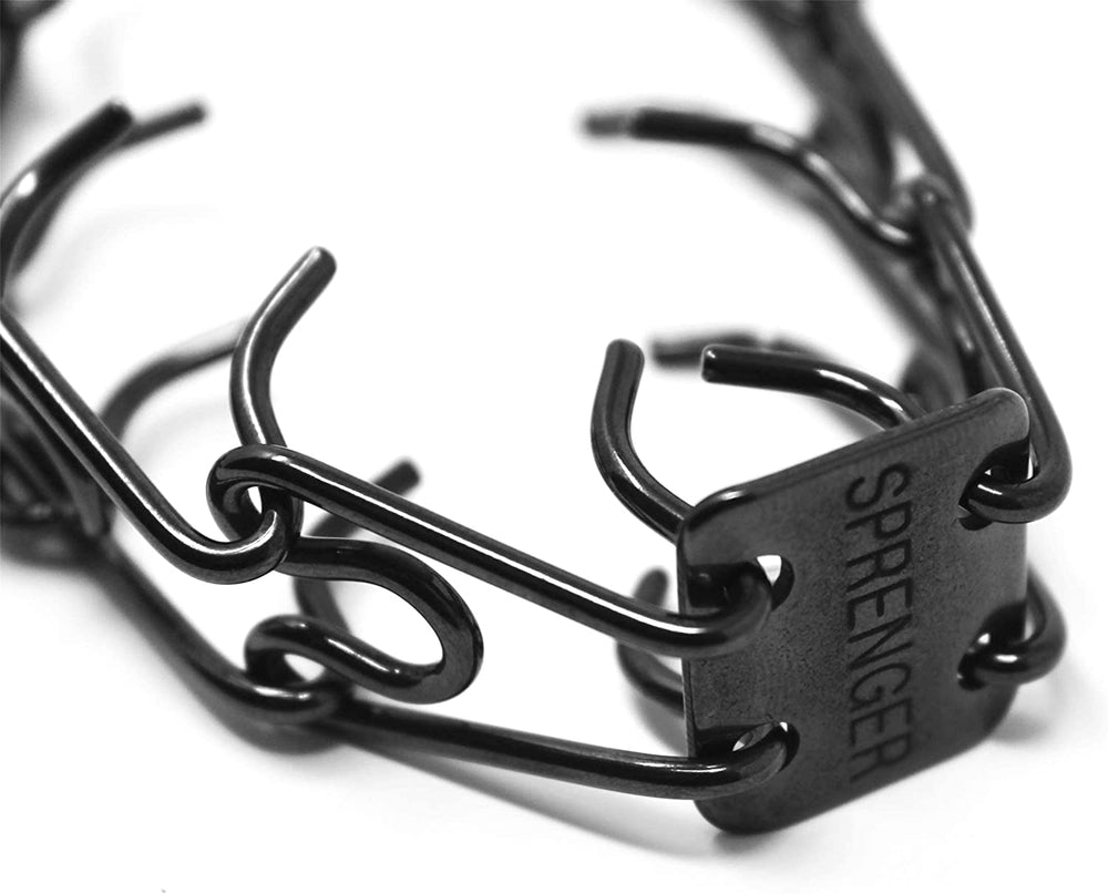 Herm Sprenger prong collar with removable links enabling customizable fit for growing dogs.