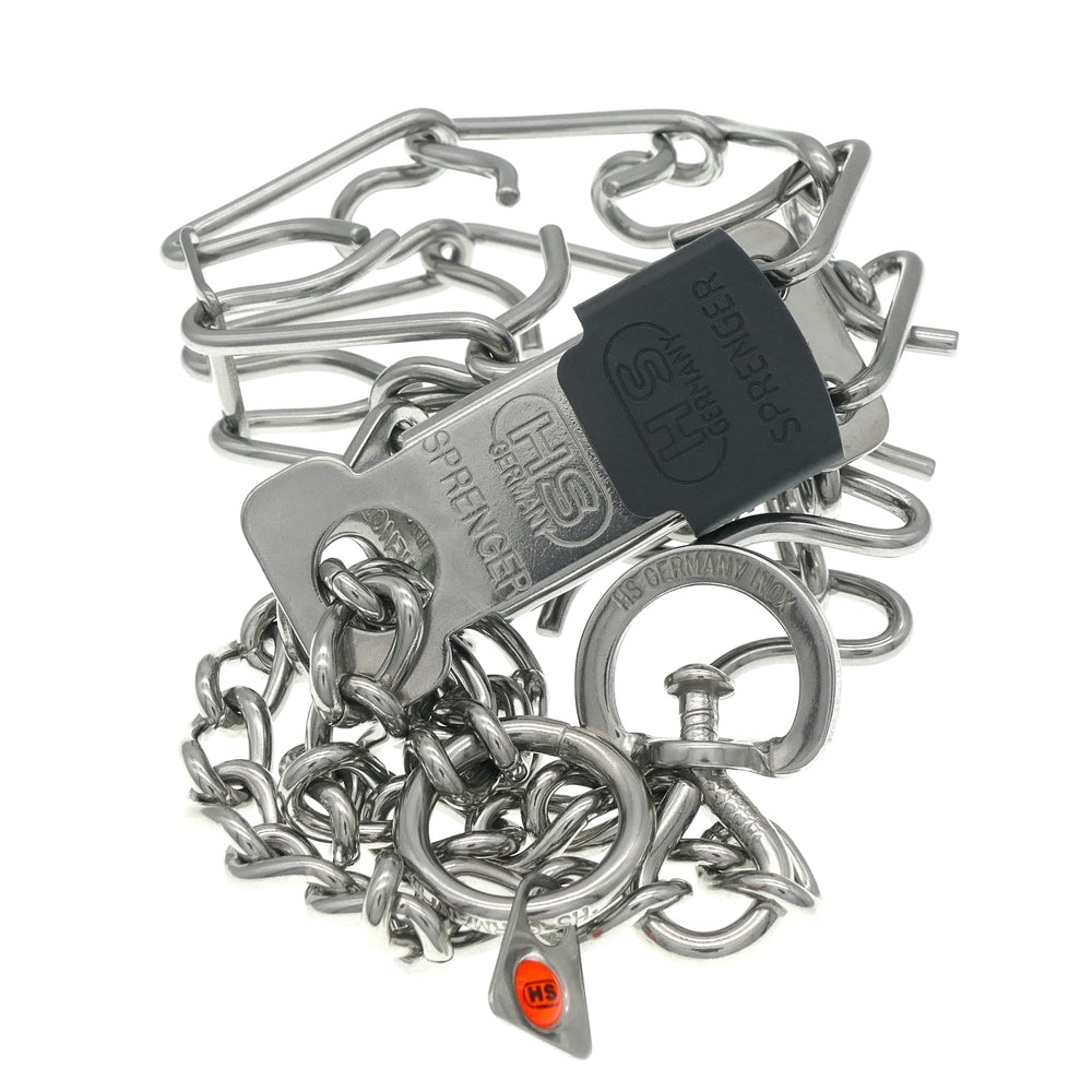 Herm Sprenger prong collar side view shows snug fit around the neck for safe training.