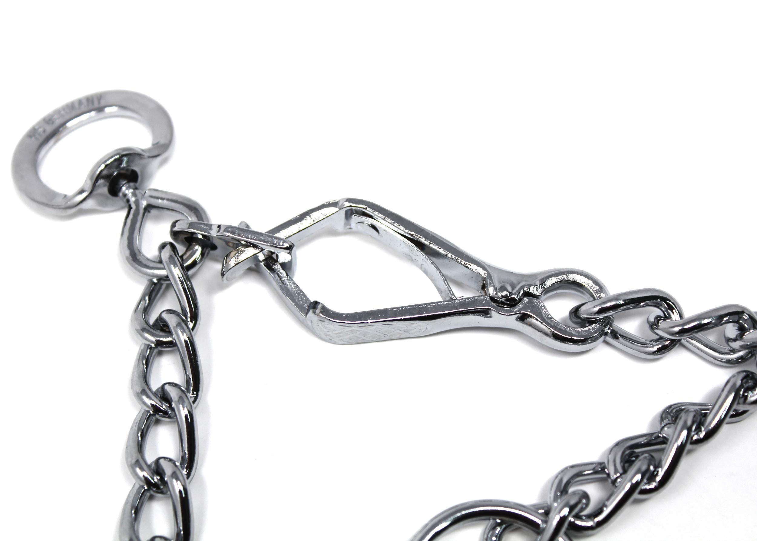Herm Sprenger prong collar snug-fit on dog neck image emphasizing safety during training.