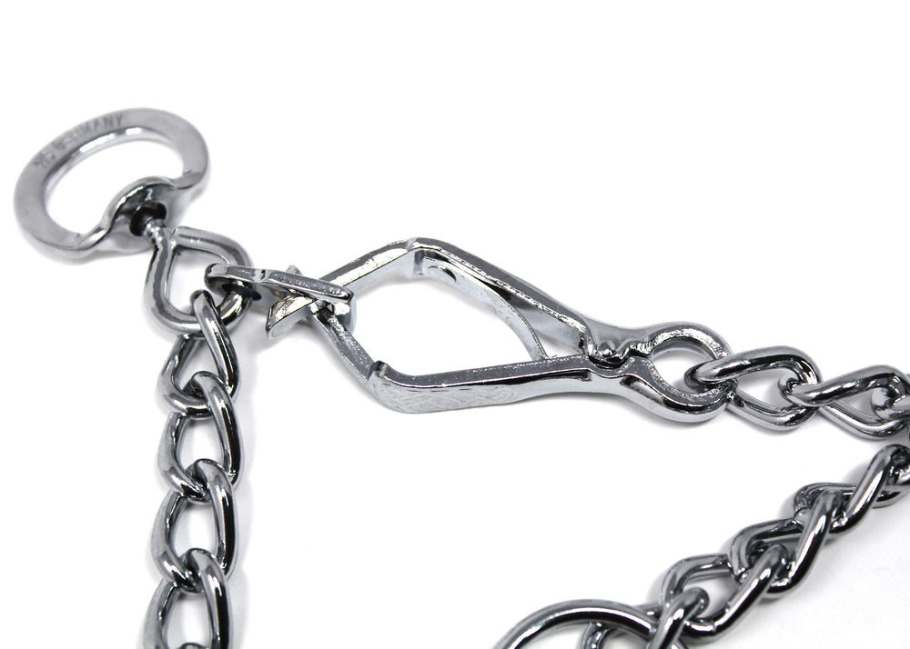 Herm Sprenger prong collar snug-fit on dog neck image emphasizing safety during training.