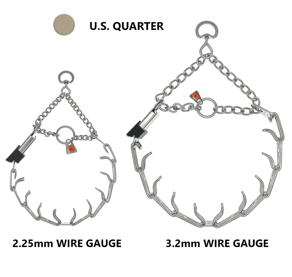 Close-up prong details of Herm Sprenger collar highlight craftsmanship and safe use