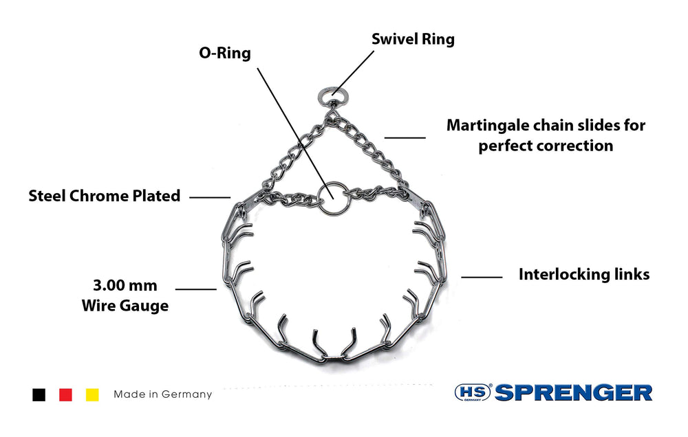 Herm Sprenger prong collar center plate highlights even-pressure design for safe training.