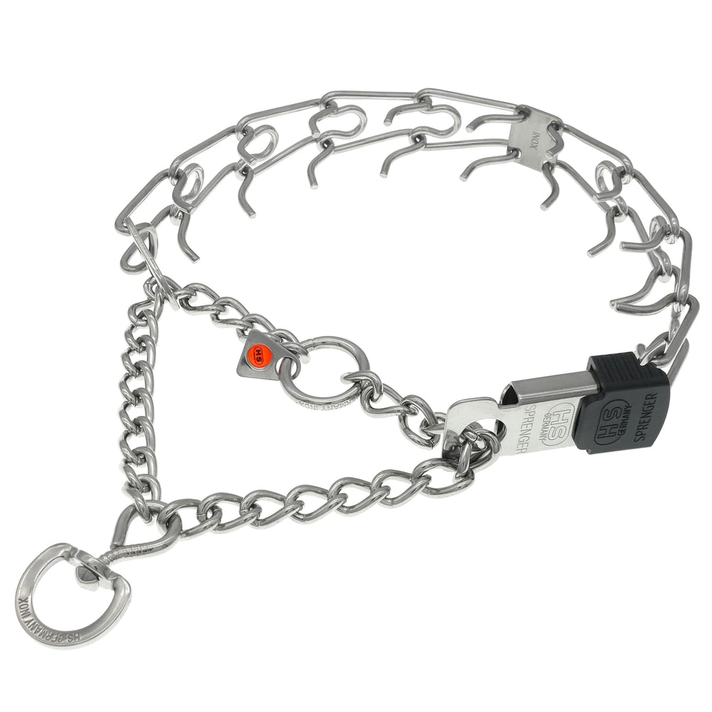 Herm Sprenger stainless steel dog collar assembly chain view highlighting even pressure for training.