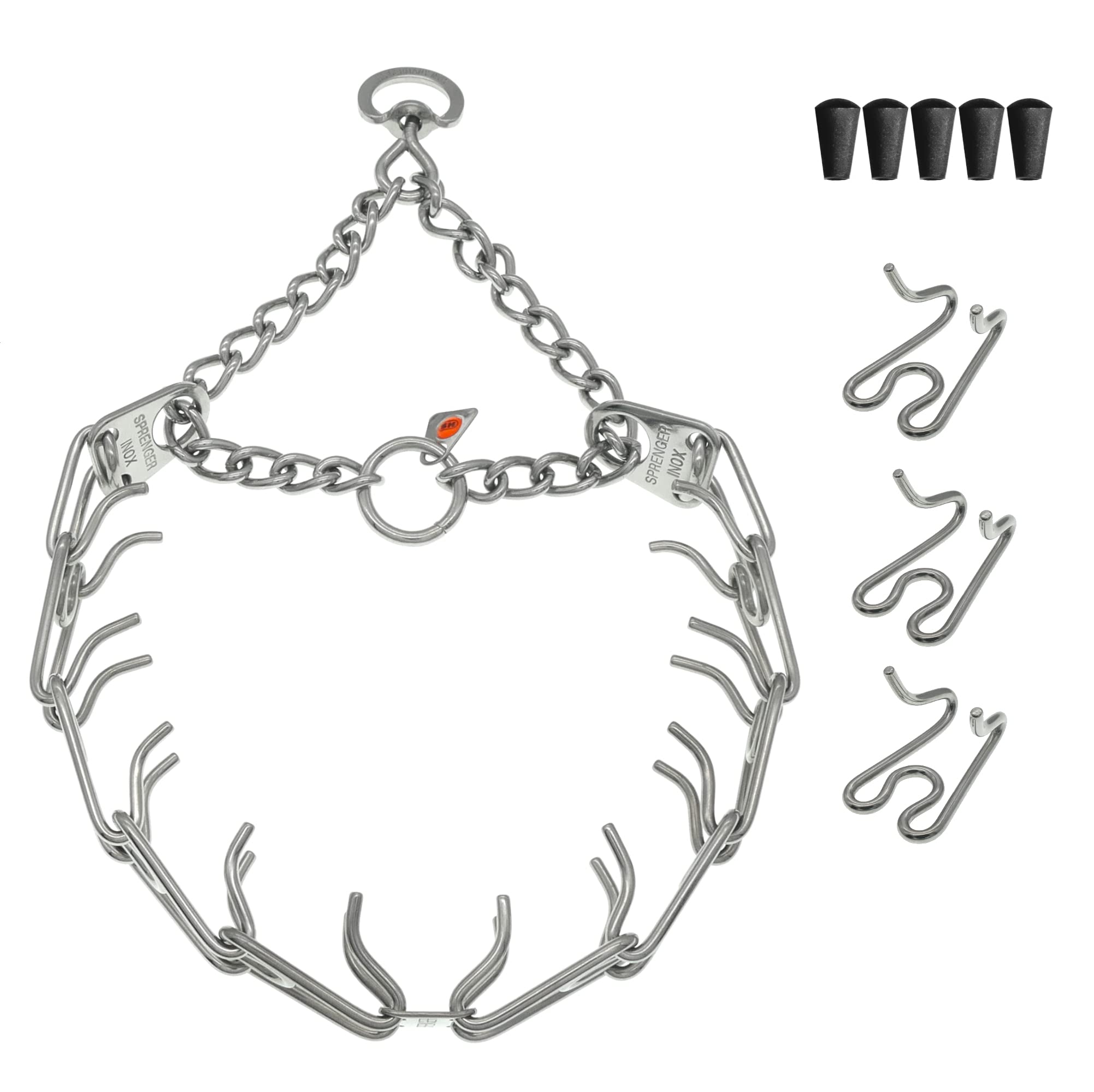 Herm Sprenger stainless steel dog collar with swivel D-Ring for flexible leash control.