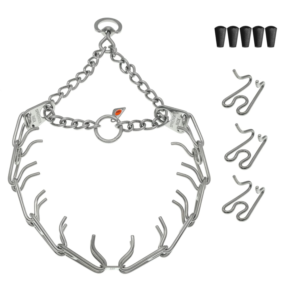 Herm Sprenger stainless steel dog collar with swivel D-Ring for flexible leash control.