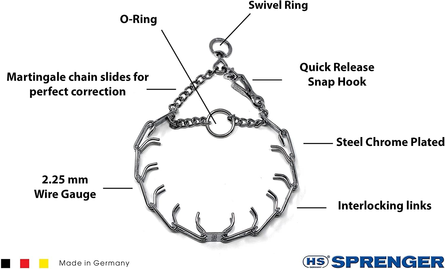 Herm Sprenger ultra-plus chrome-plated prong collar highlights even neck pressure for balanced training cues.