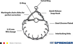 Herm Sprenger ultra-plus chrome-plated prong collar highlights even neck pressure for balanced training cues.