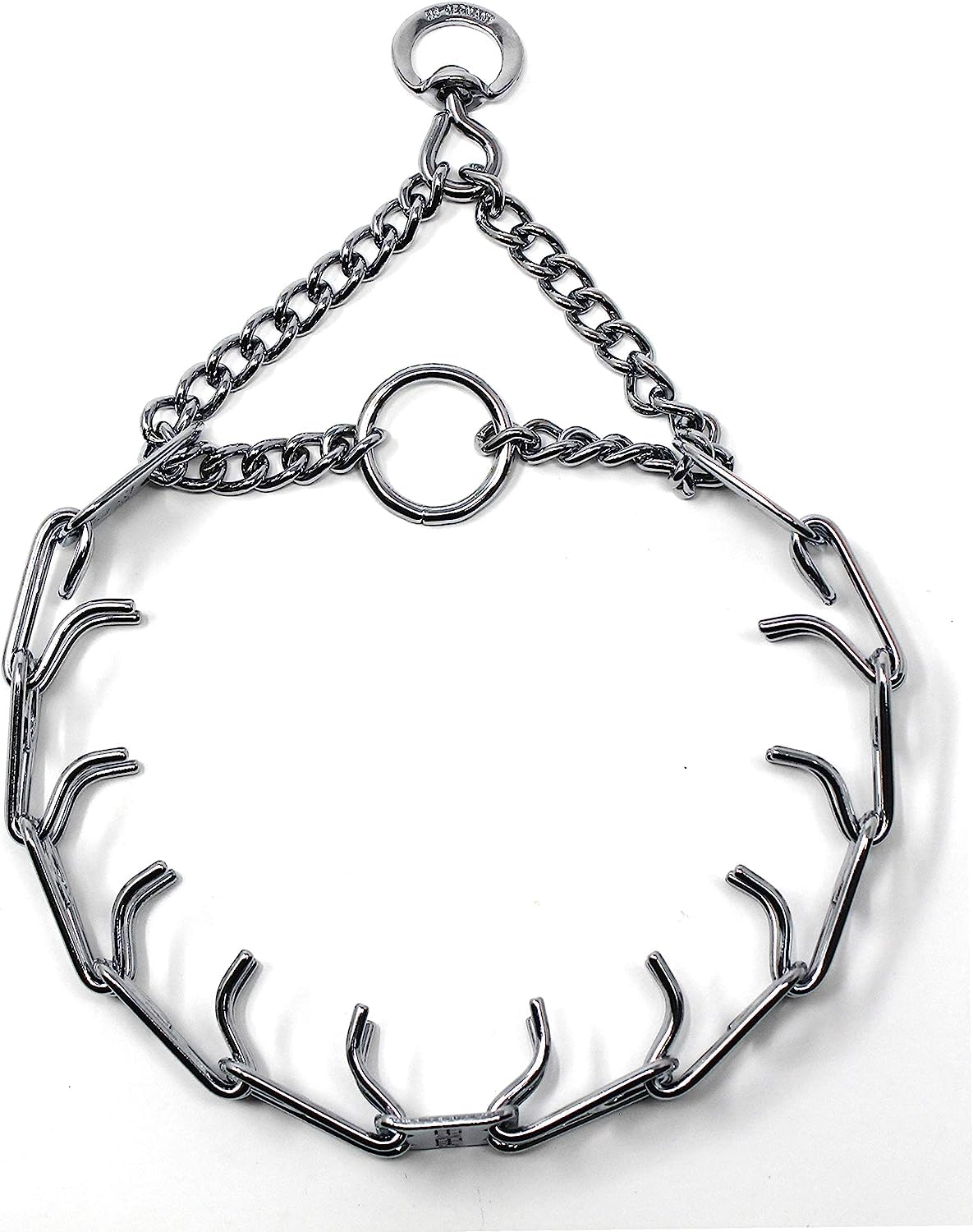 Herm Sprenger Ultra-Plus prong collar closeup shows durable chrome-plated steel.