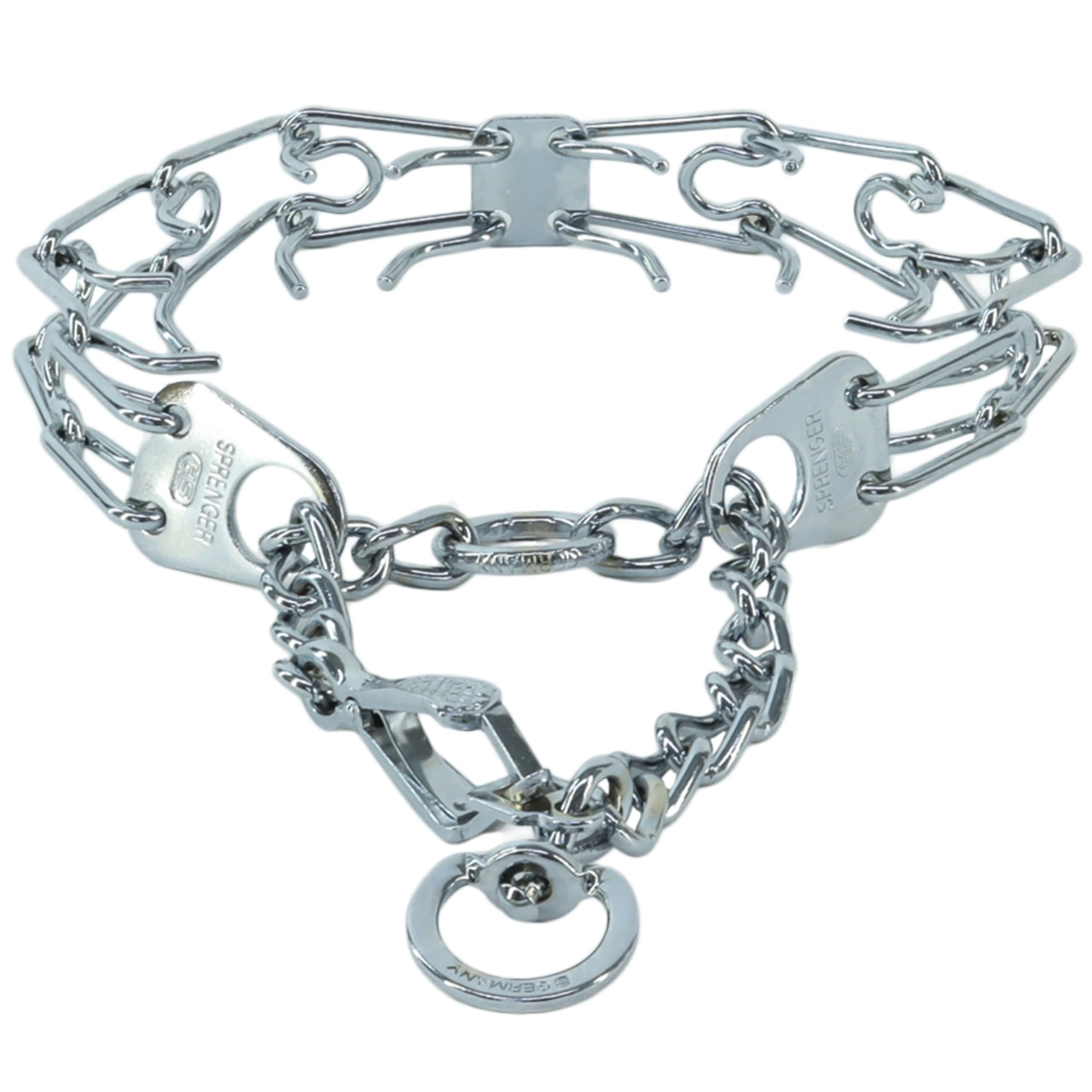 Herm Sprenger Ultra-Plus prong collar with latch chrome front view highlighting secure quick-release.