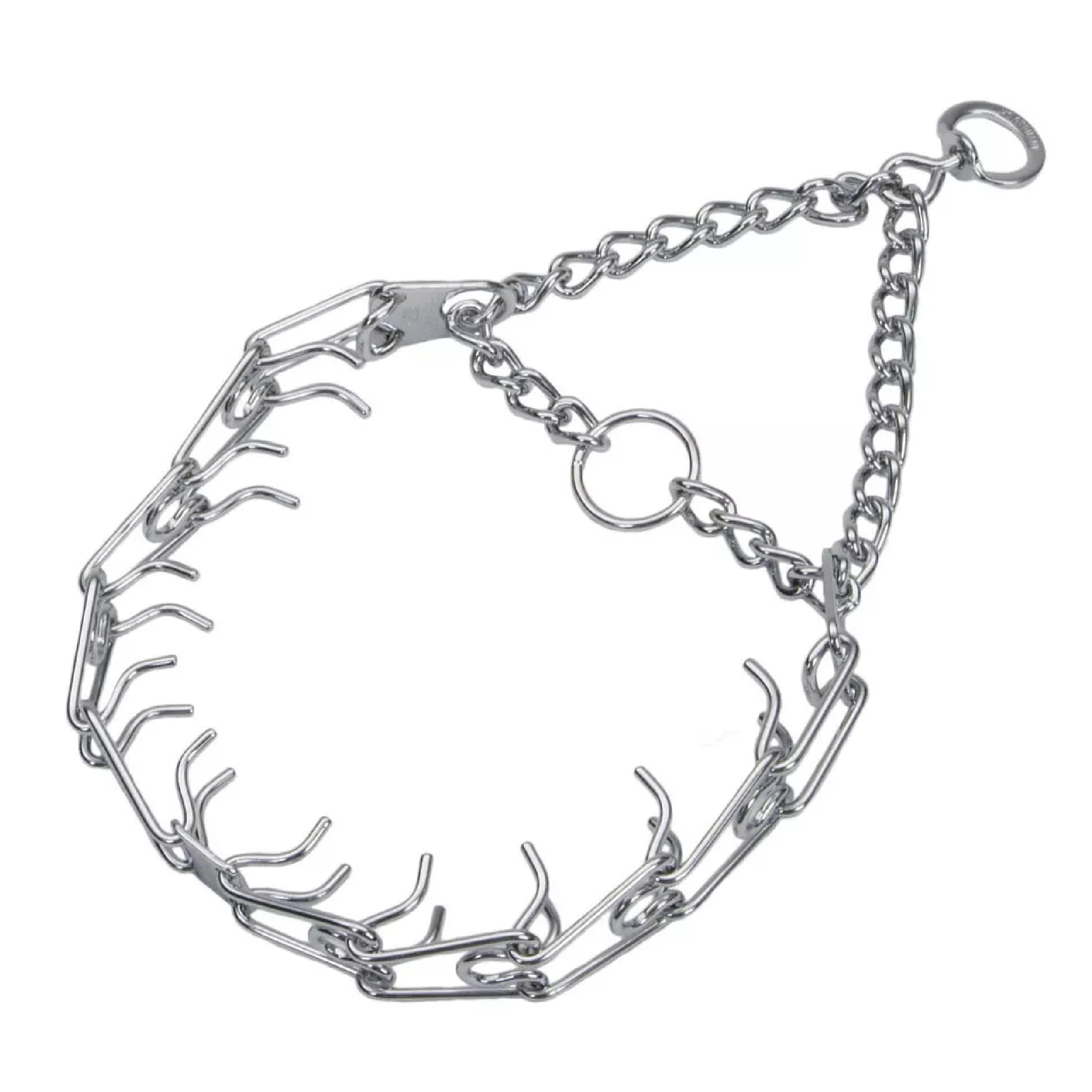 Herm Sprenger Ultra-Plus prong dog training collar chrome close-up showing secure fit