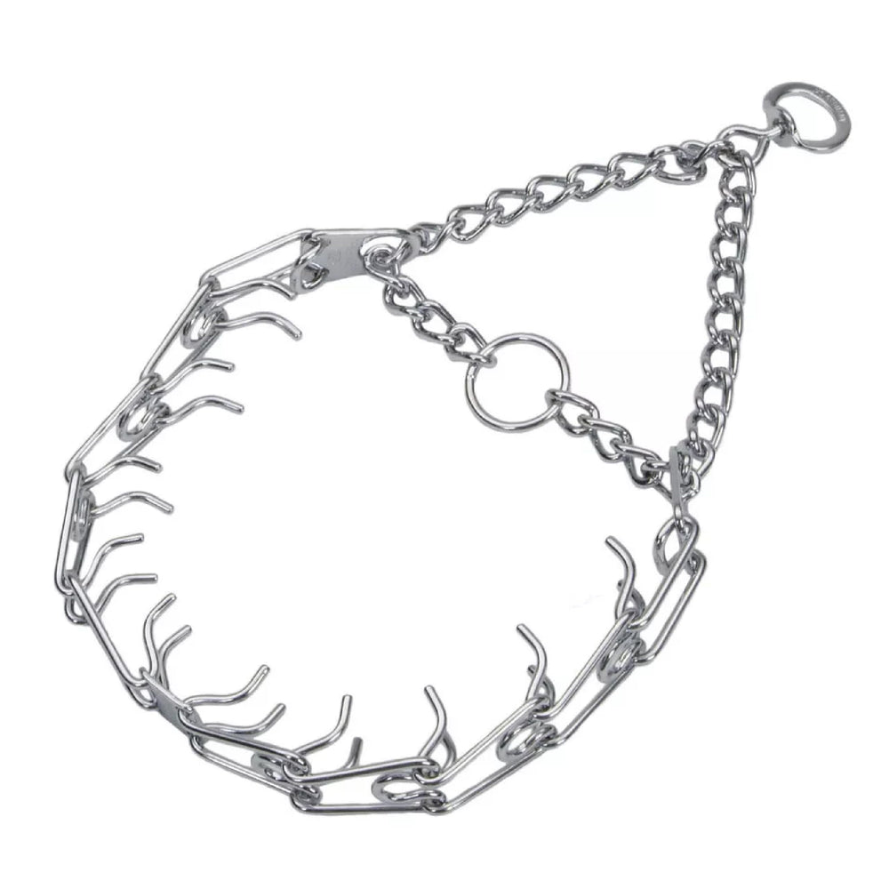 Herm Sprenger Ultra-Plus prong dog training collar chrome close-up showing secure fit
