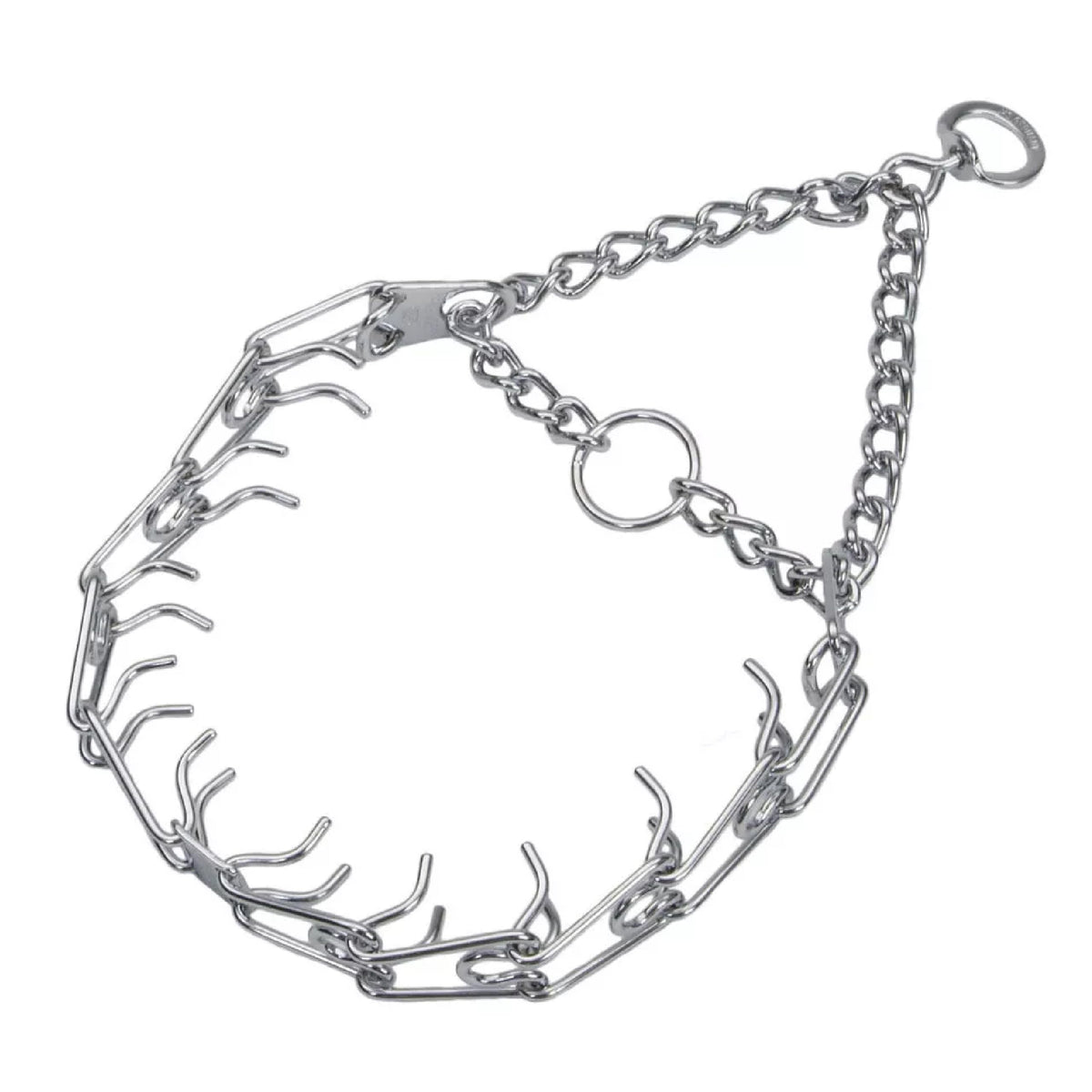 Herm Sprenger Ultra-Plus prong dog training collar chrome close-up showing secure fit