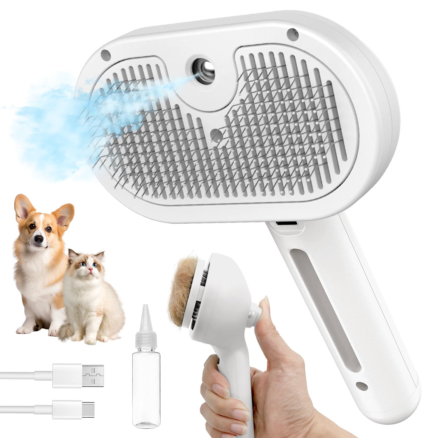 HeroKitty Dog Brush steam front-view showcases easy deshedding and anti-static grooming for pets.