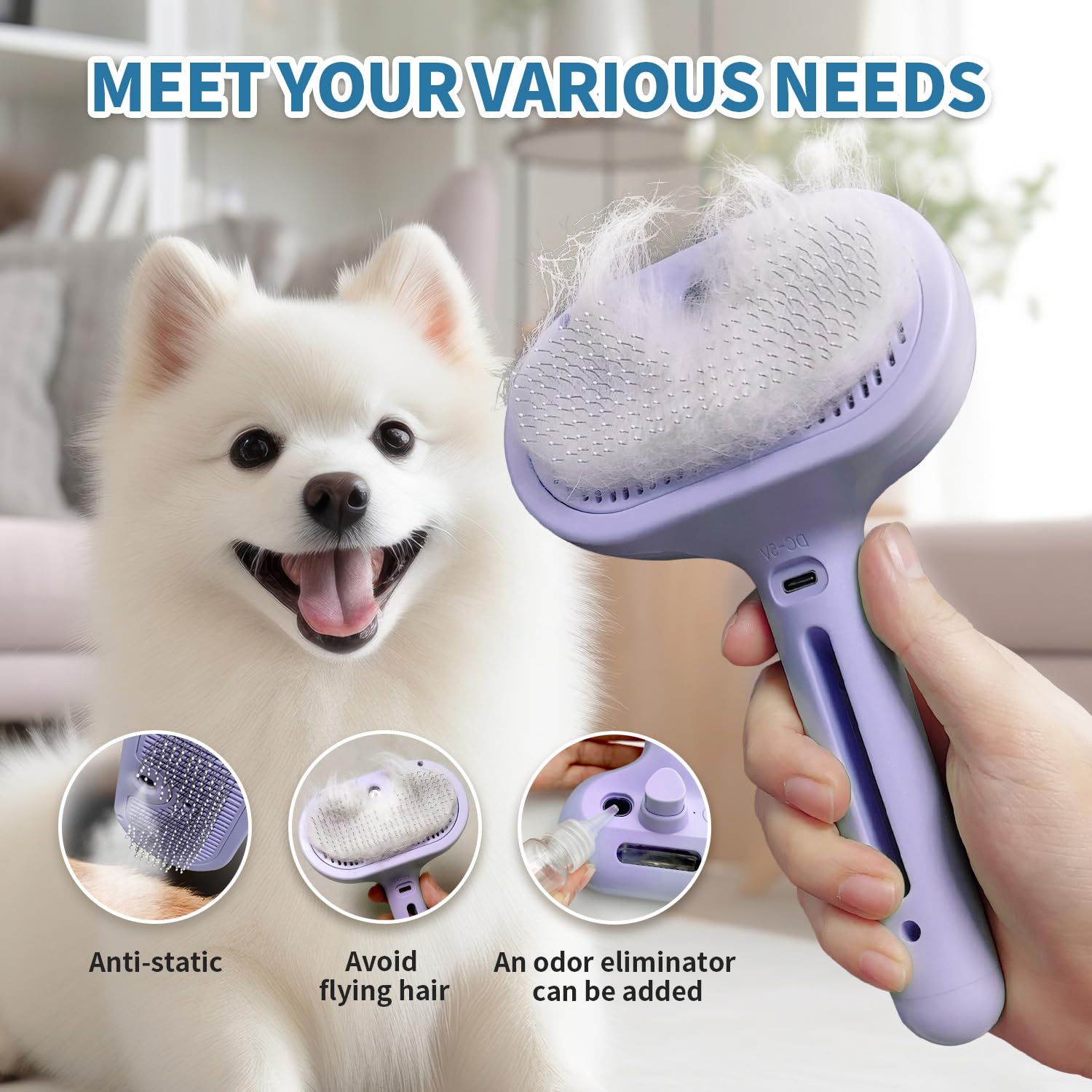HeroKitty Dog Brush steam hair-removal action removes loose fur with even spray.