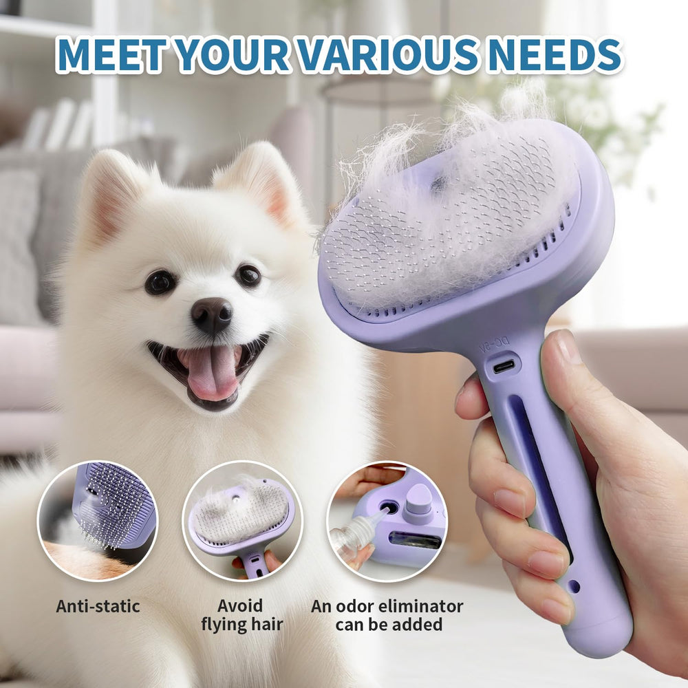 HeroKitty Dog Brush steam hair-removal action removes loose fur with even spray.