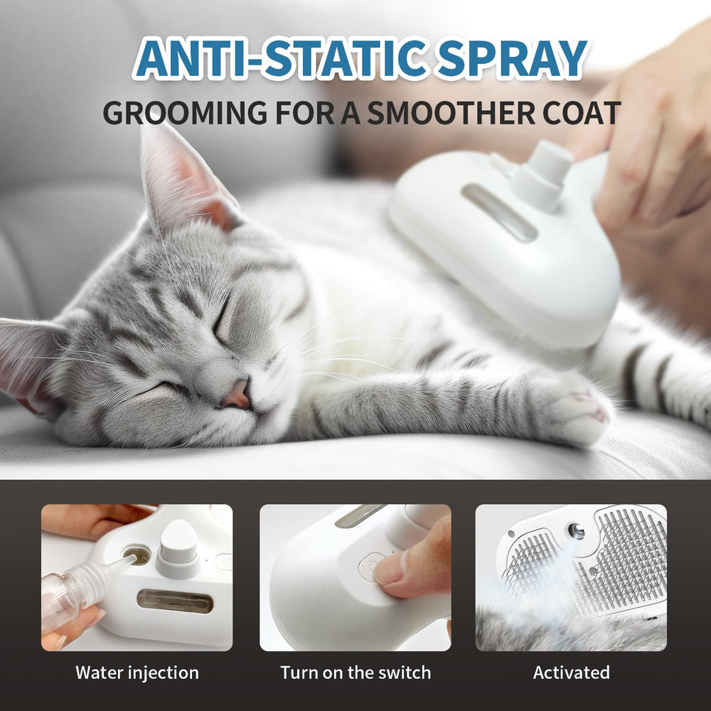 HeroKitty Dog Brush steam release-button close-up emphasizes quick self-cleaning and mess-free resets.