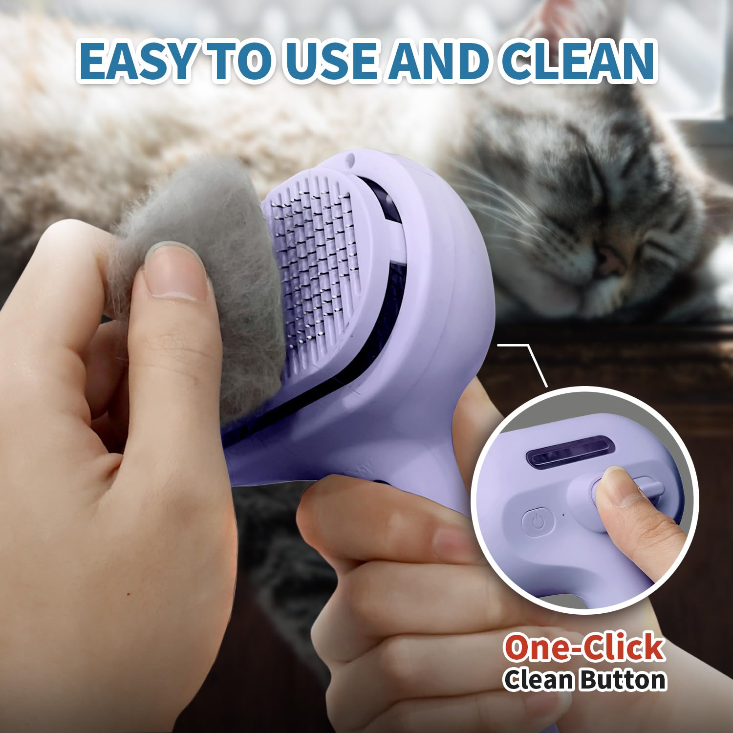 HeroKitty Dog Brush steam release-button enables quick cleanup of hair during grooming.