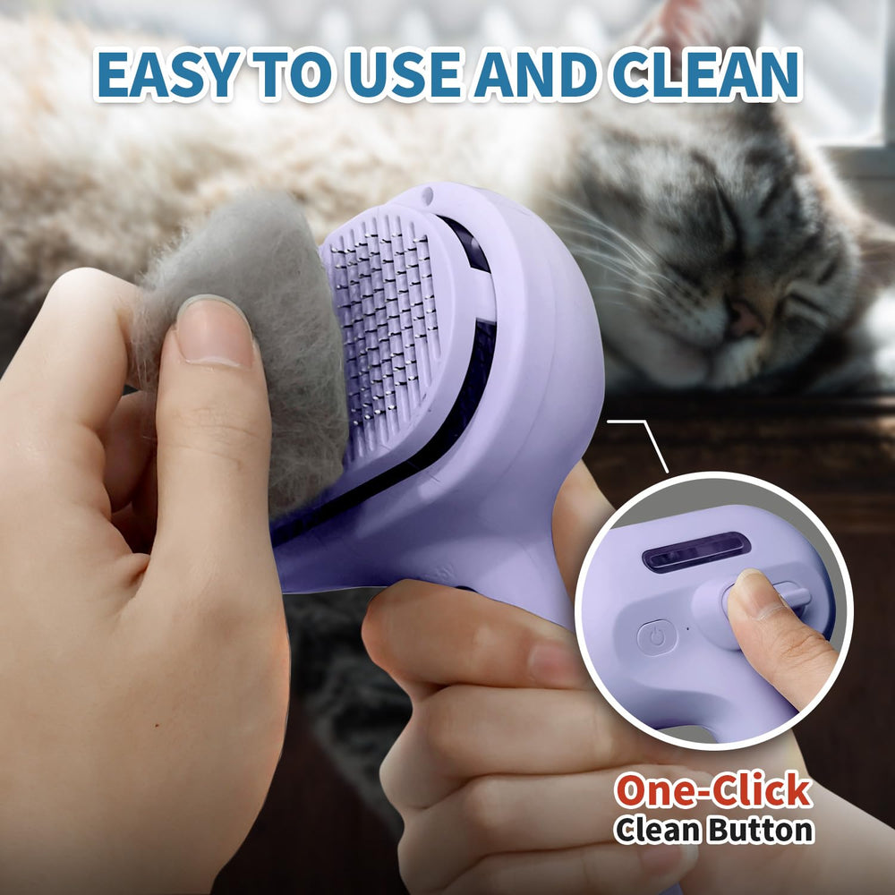HeroKitty Dog Brush steam release-button enables quick cleanup of hair during grooming.