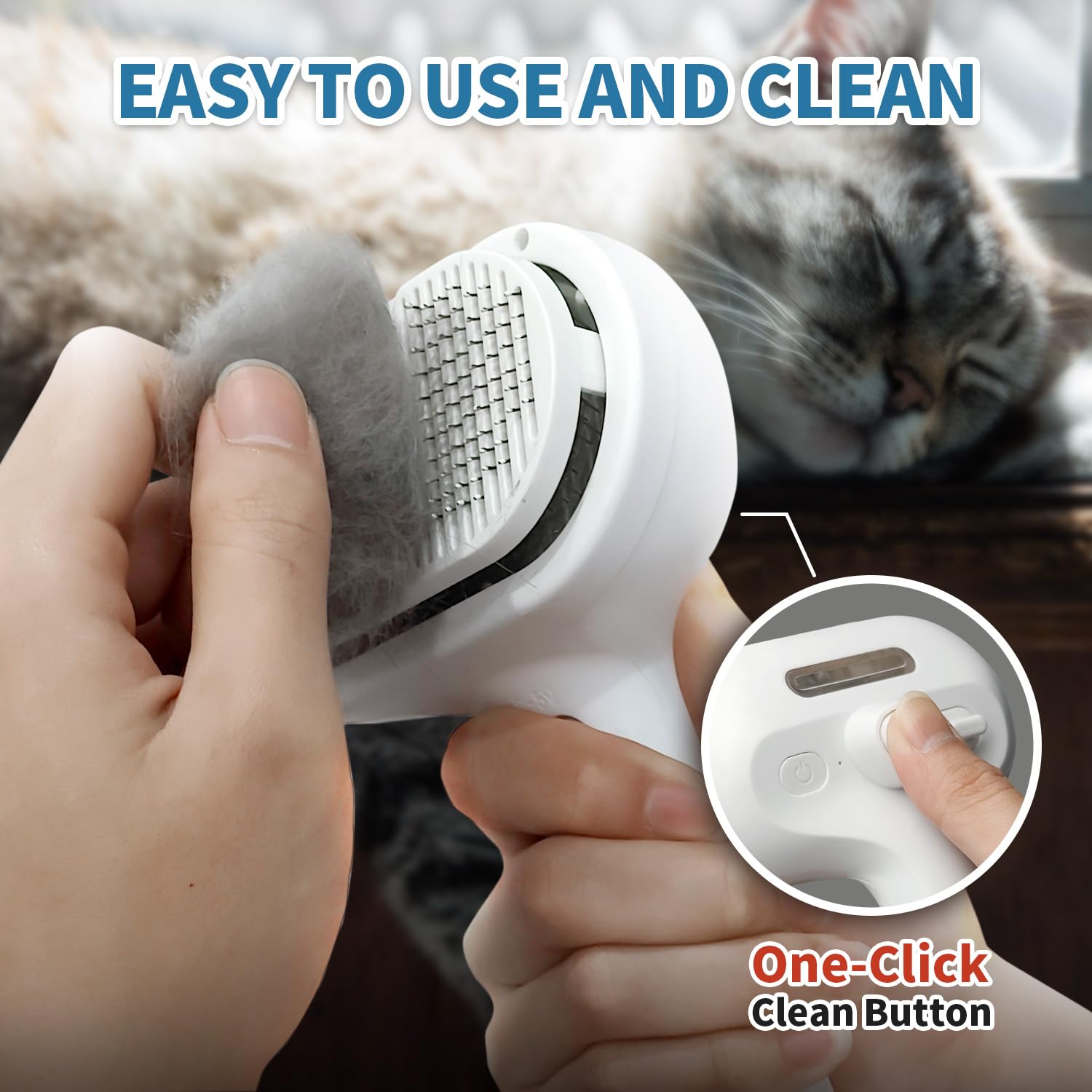 HeroKitty Dog Brush steam-teeth closeup illustrates rounded massage rings protecting skin and soothing touch.