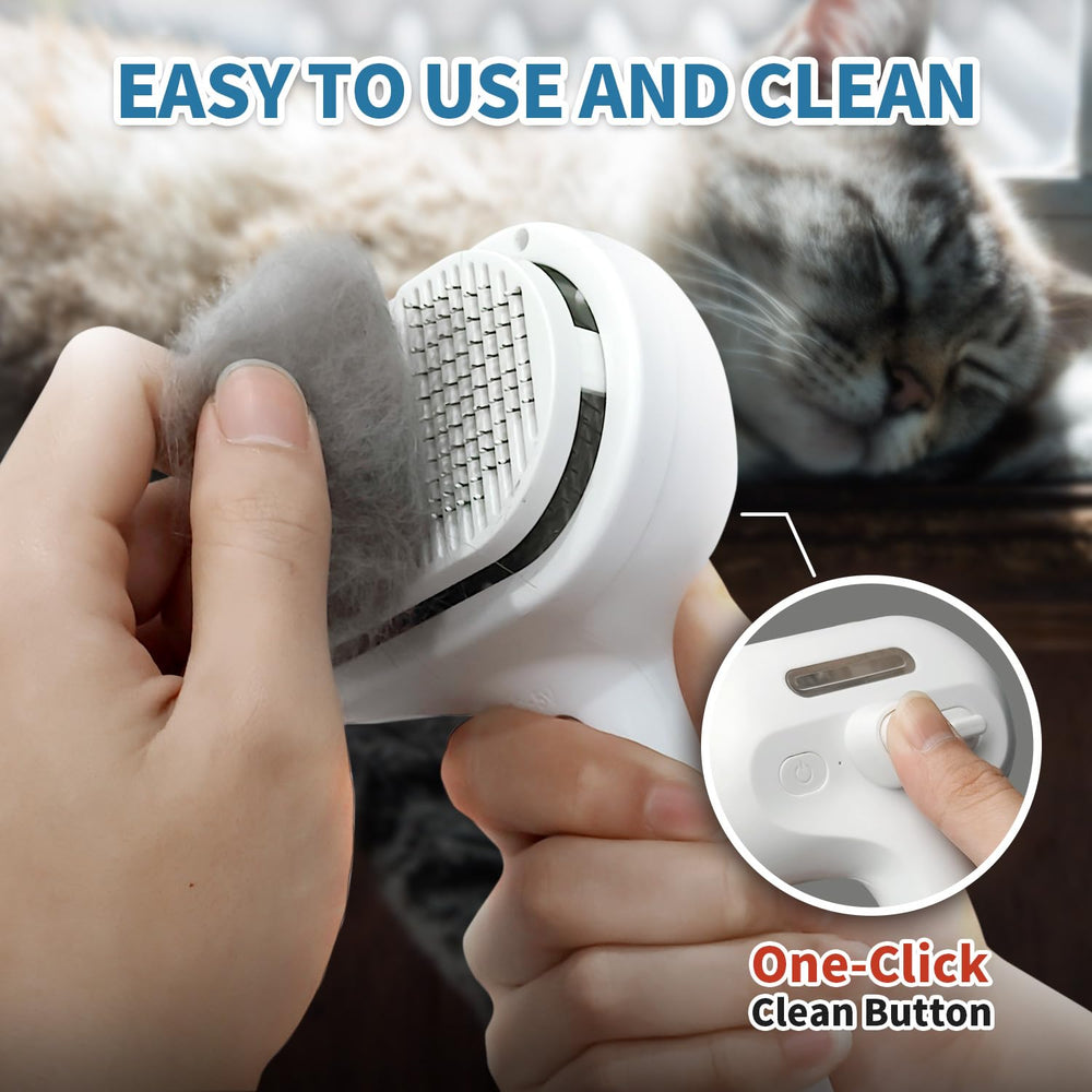 HeroKitty Dog Brush steam-teeth closeup illustrates rounded massage rings protecting skin and soothing touch.