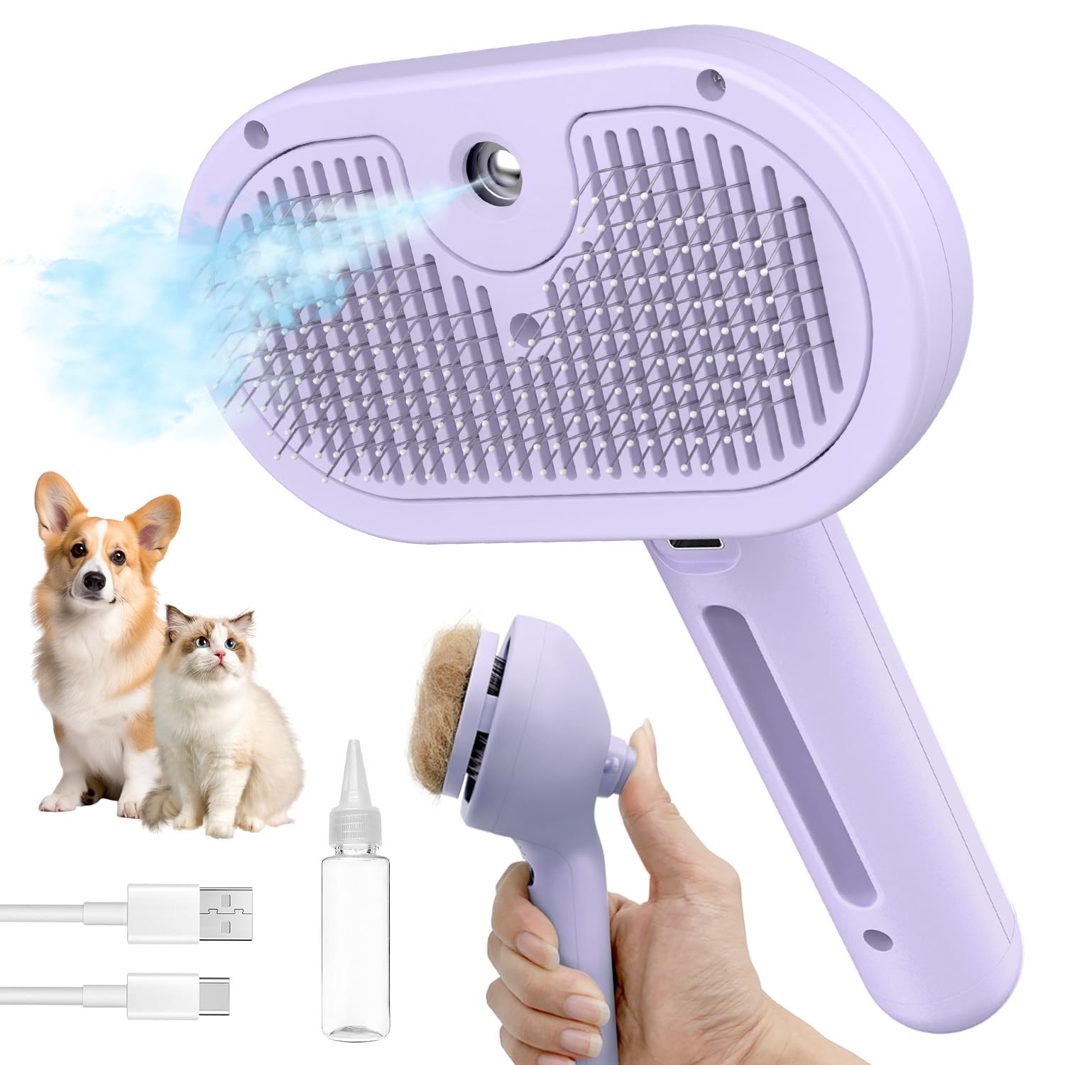 HeroKitty Dog Brush steam top-view shows compact design for easy grooming and anti-static confidence.