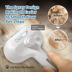 HeroKitty Dog Brush steam water-tank angle shows refillable tank for continuous pampering sessions.