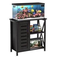 Herture fish tank stand front view shows sturdy black frame.