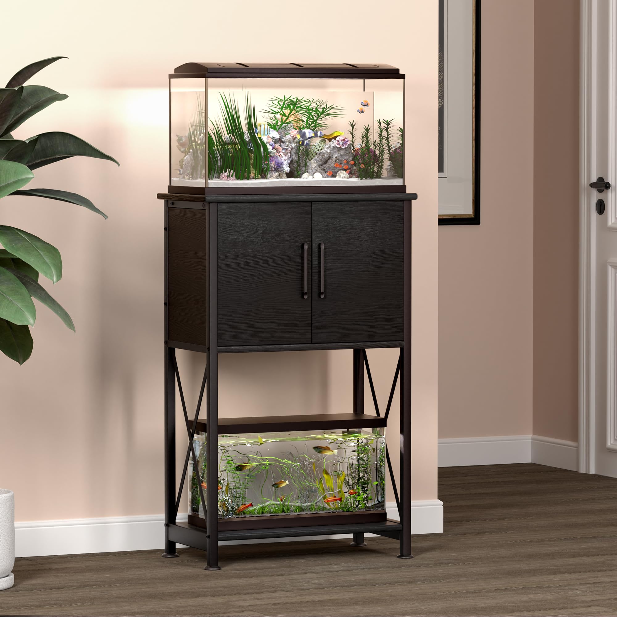 Herture fish-tank-stand-back-design showcases sturdy steel frame and moisture resistance.