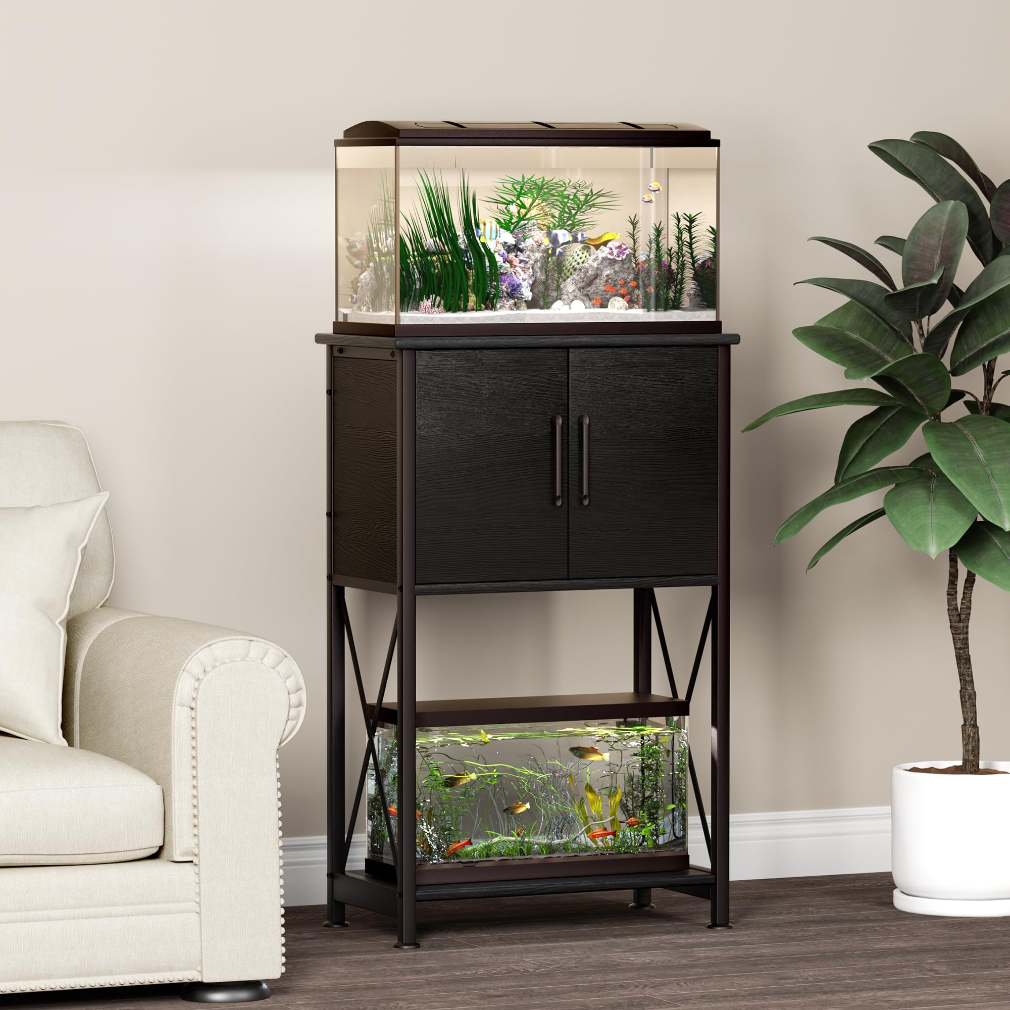 Herture fish-tank-stand-lower-shelf provides flexible storage for decor.