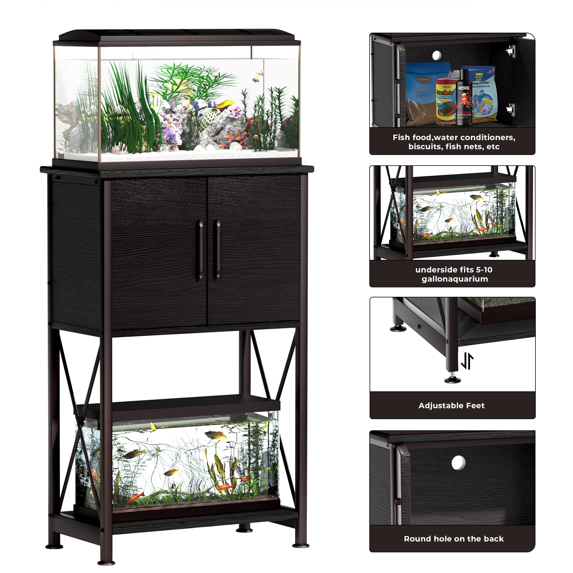 Herture fish-tank-stand-cabinet shows smooth-door storage for supplies.