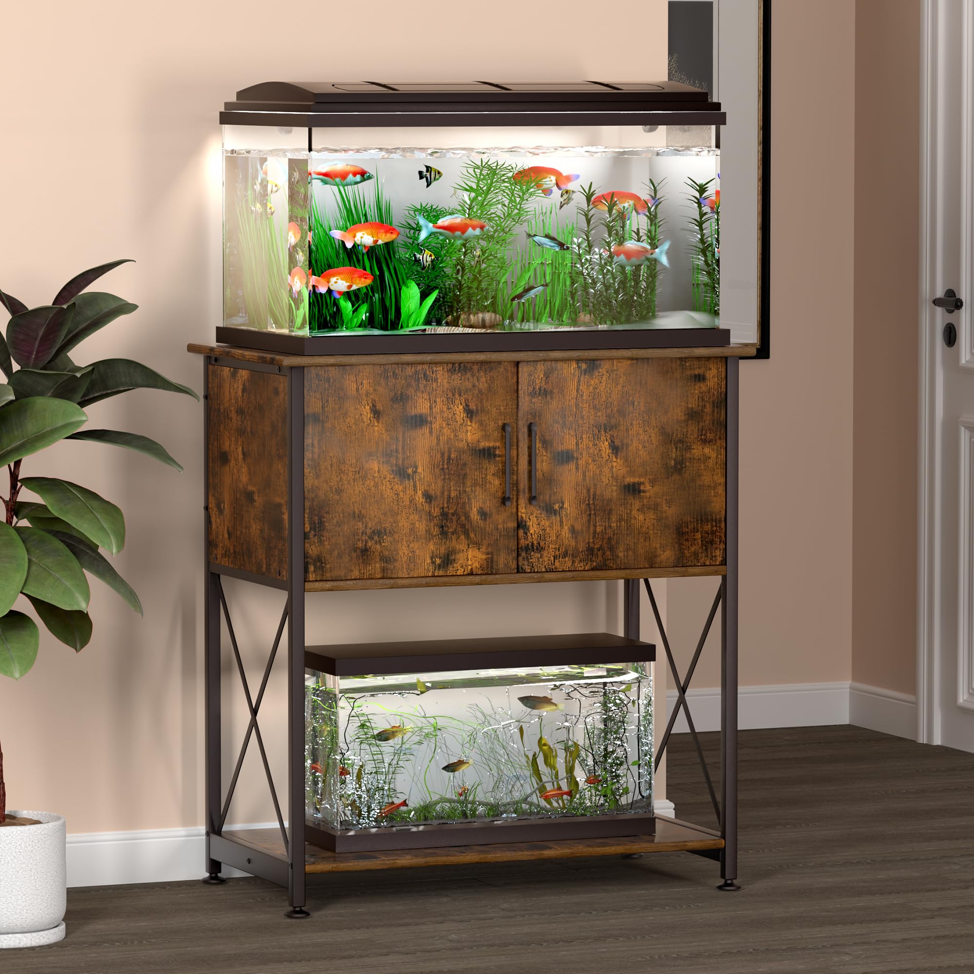 Herture aquarium stand storage cabinet showcases convenient space for fish food nets and cleaners