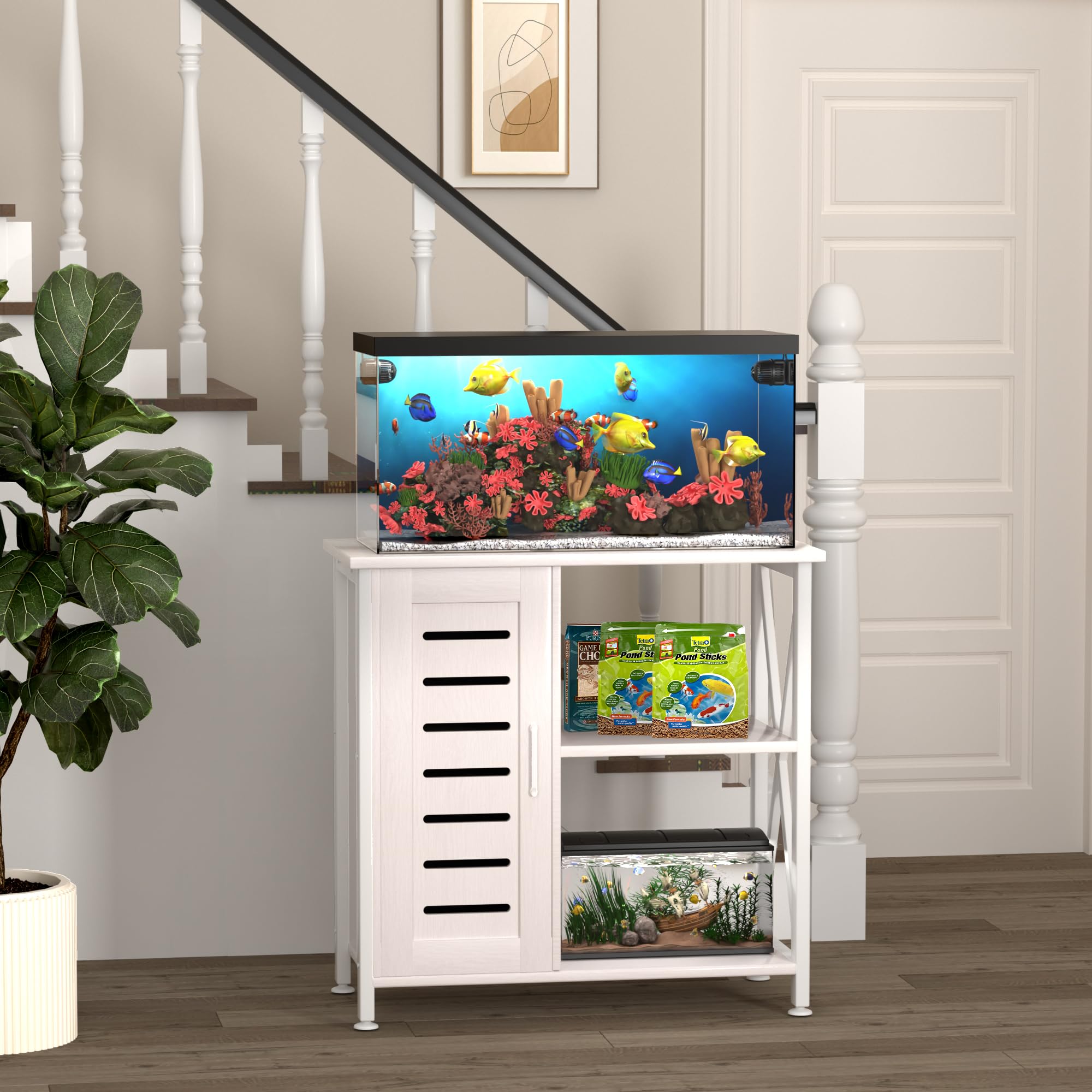 Herture fish tank stand back opening enables clean cable management.