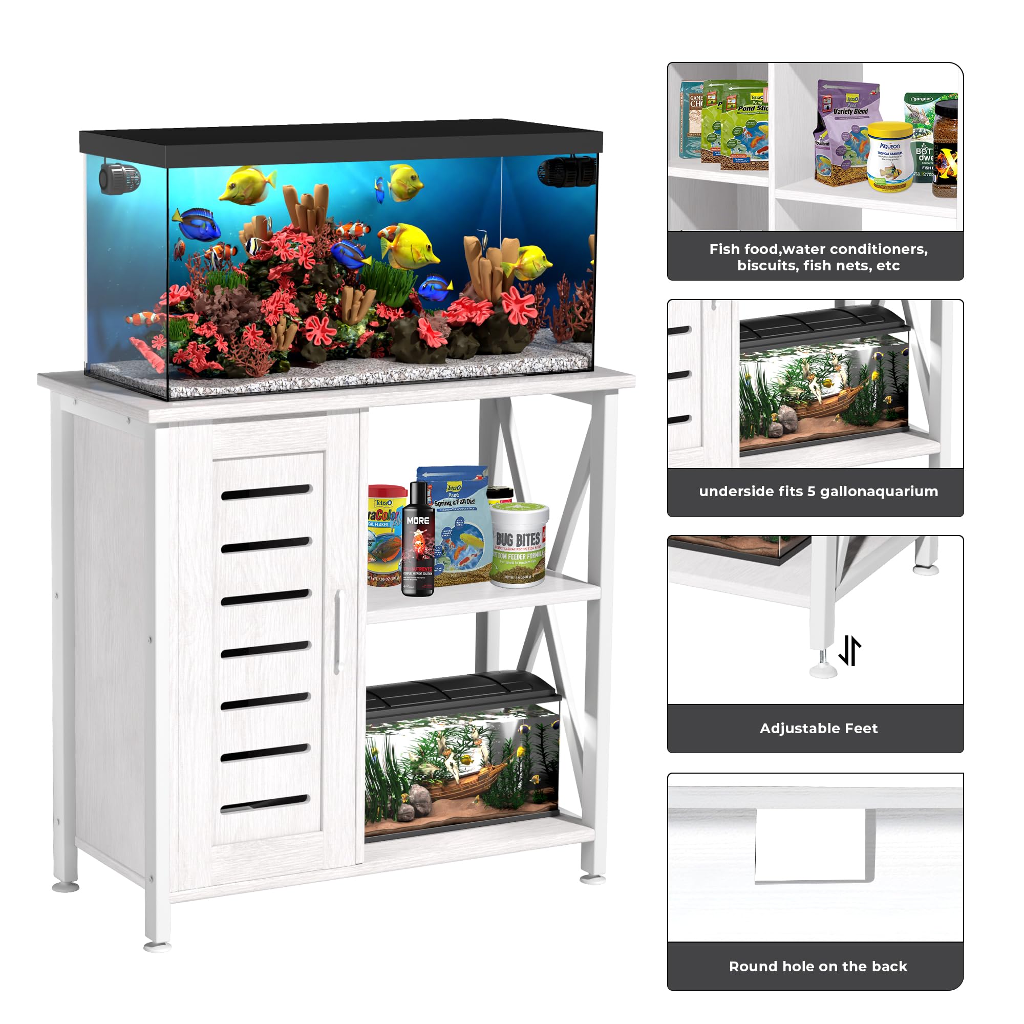 Herture fish tank stand cabinet-open detail reveals organized space for filters and hoses.