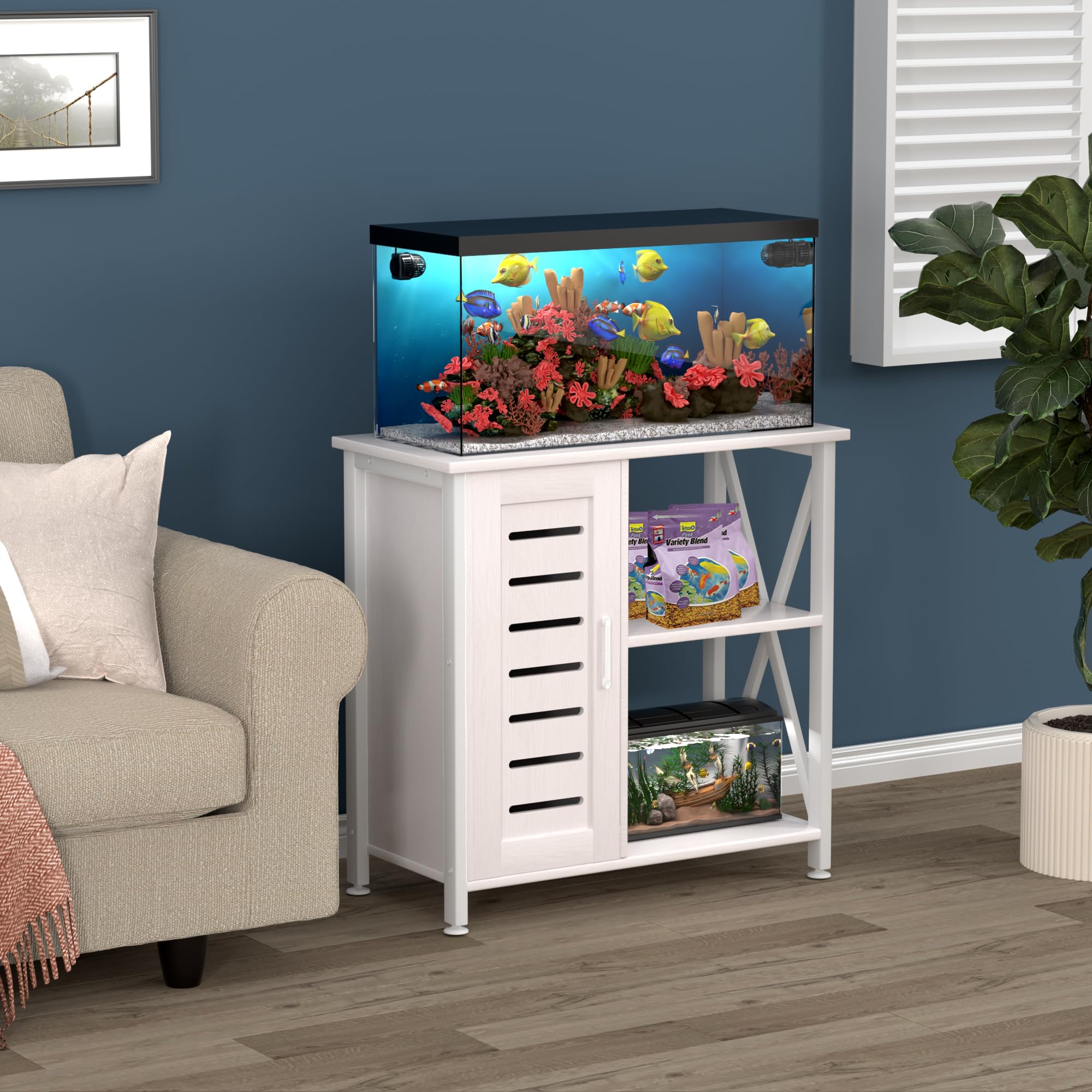Herture fish tank stand right-side storage highlights convenient space for fish foods and accessories.