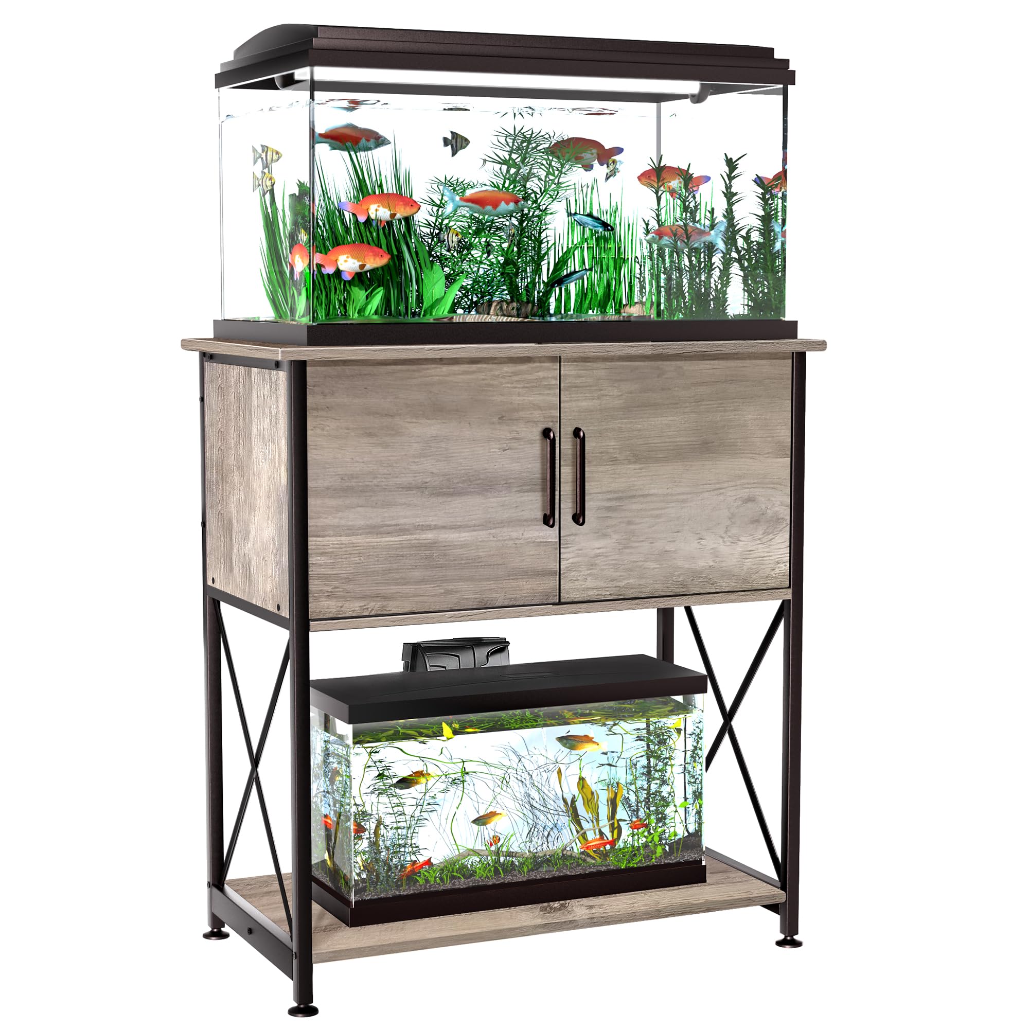 Herture stand desktop surface offers 30.7 by 16.5 inch space for 20-29 gallon tanks.
