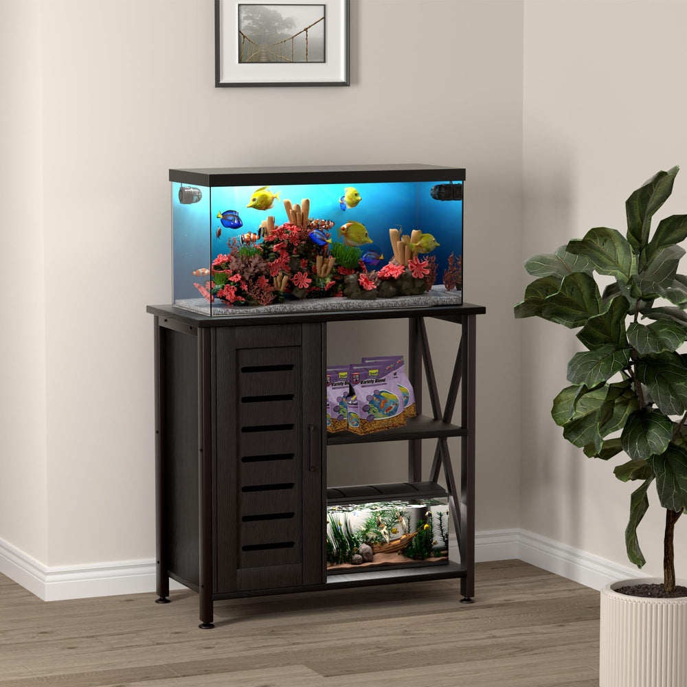 Herture black modern design enhances decor while organizing aquarium equipment.