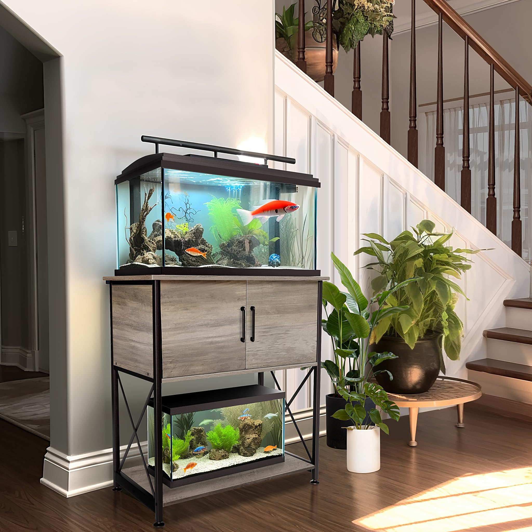 Herture stand bottom shelf offers convenient storage for tools.