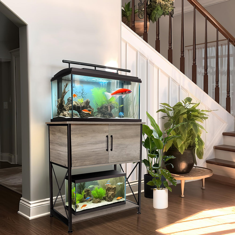 Herture stand bottom shelf offers convenient storage for tools.