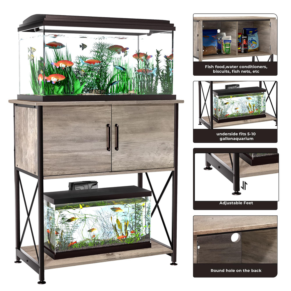 Herture stand central cabinet keeps fish food and nets organized.