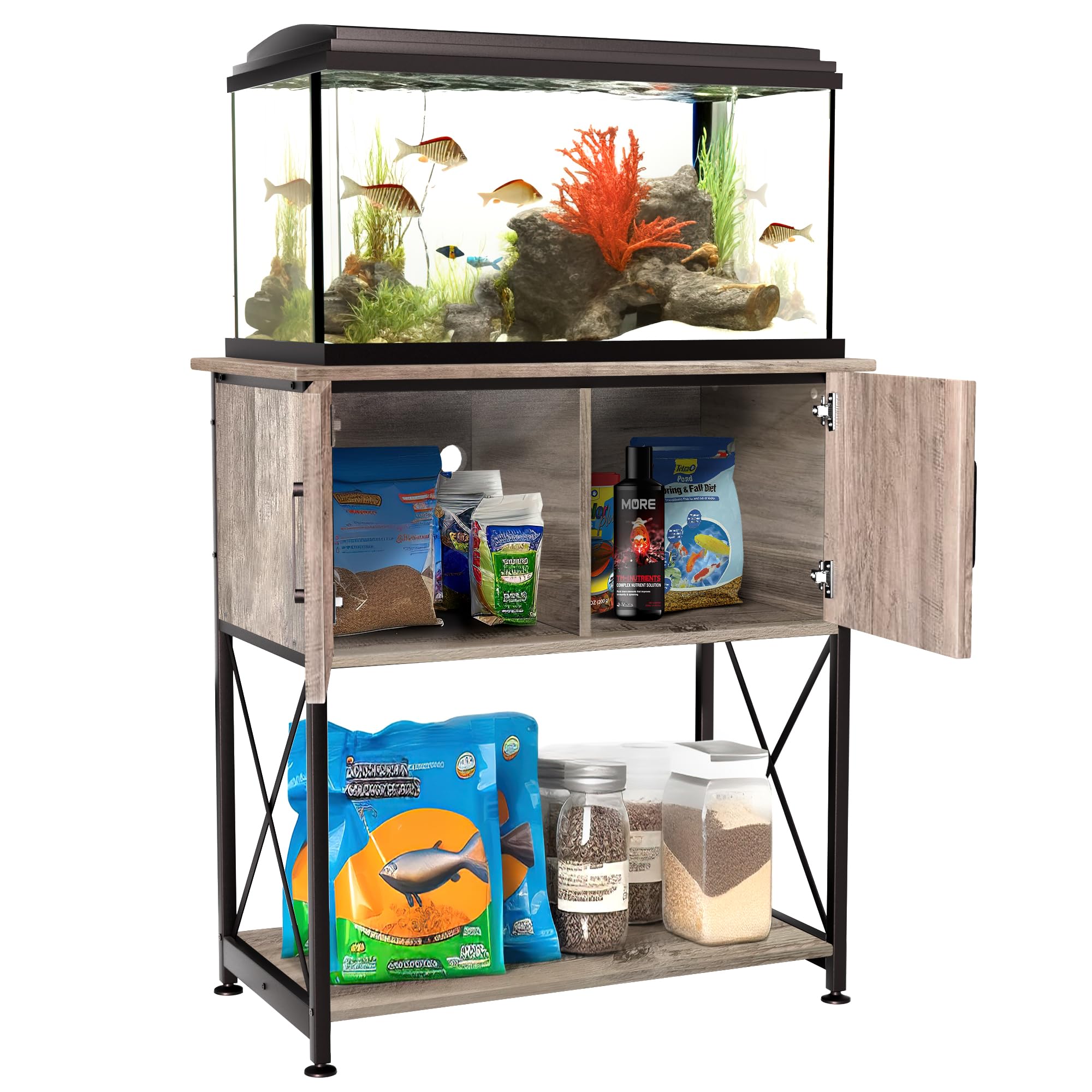 Herture stand grey modern finish complements home décor.
