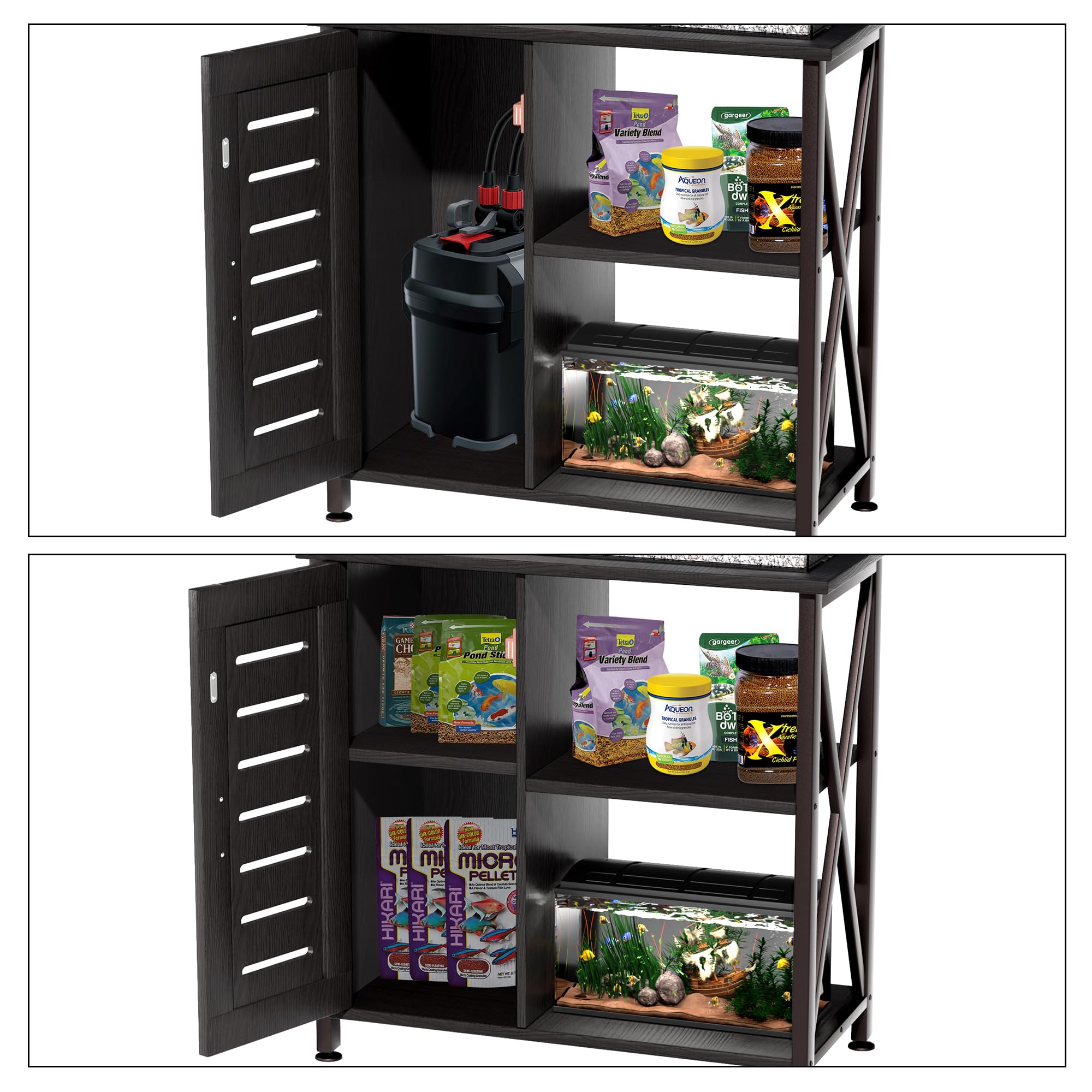 Herture stand removable compartment fits canister filters and hoses for tidy setup.