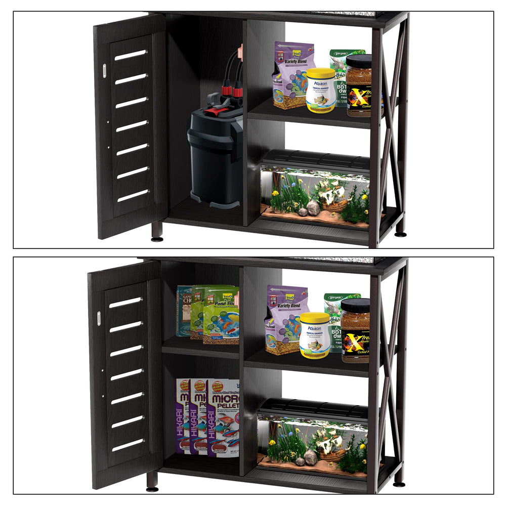 Herture stand removable compartment fits canister filters and hoses for tidy setup.