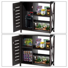 Herture stand removable compartment fits canister filters and hoses for tidy setup.