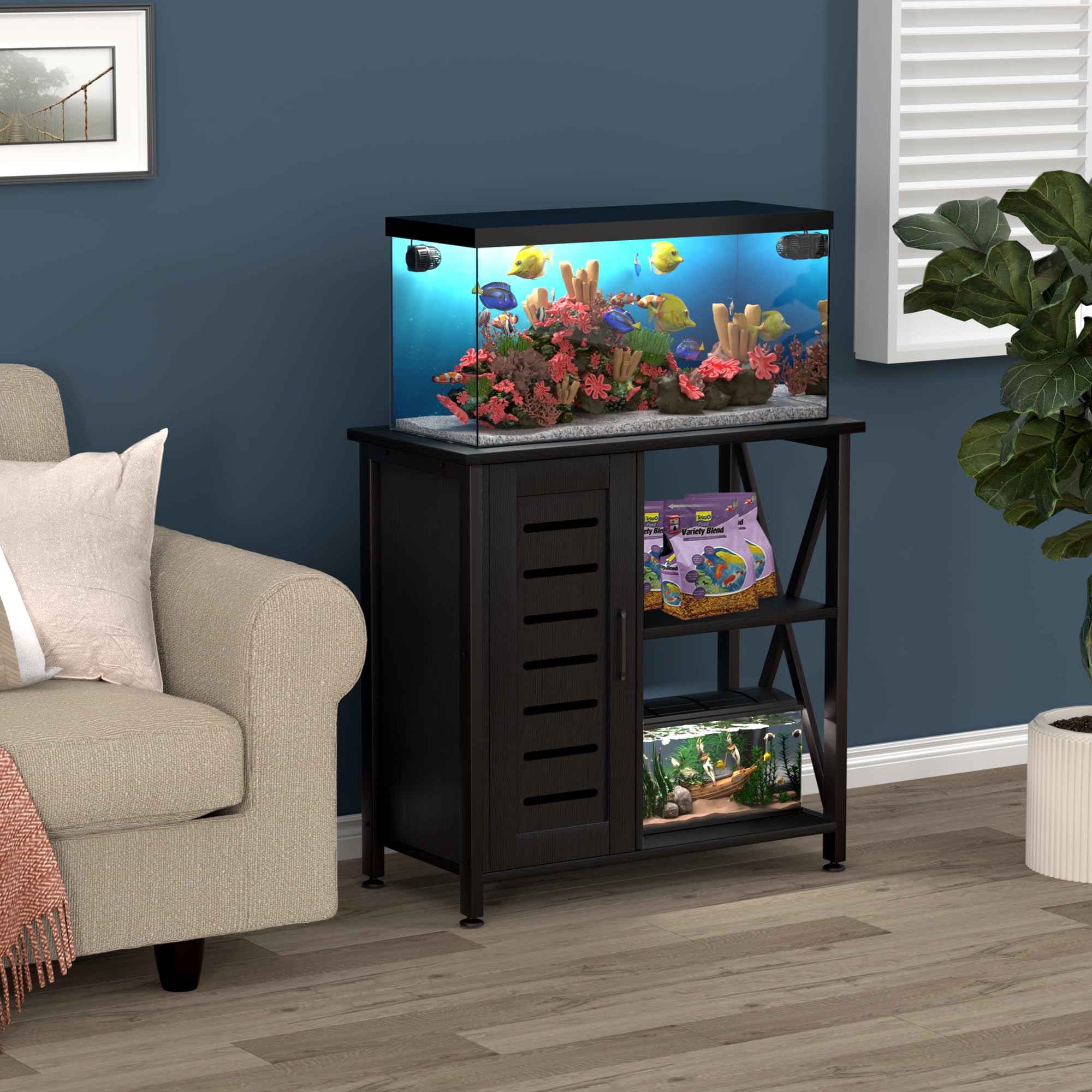Herture stand right-side storage compartments for fish care essentials.